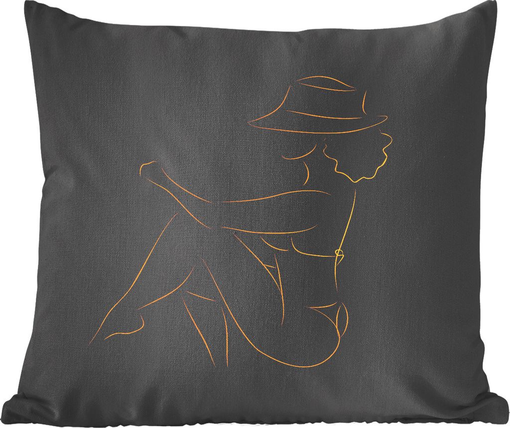 MuchoWow Zierkissen Sofakissen Wohnzimmer Dekokissen 60x60 cm Frau - Hut - Schwarz und Gold - Strichzeichnung - Sitzfläche - Foto Polster