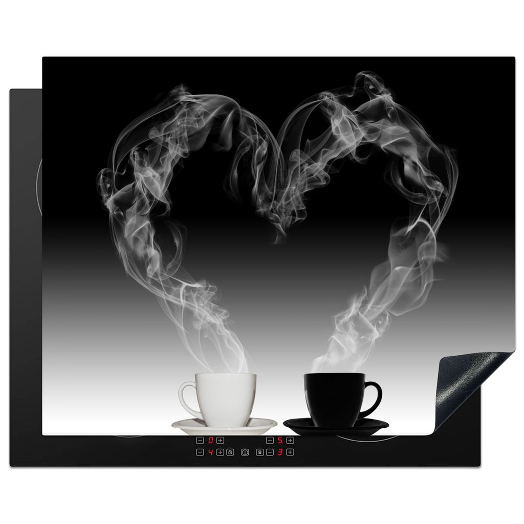 KitchenYeah Herdabdeckplatte Kaffee - Herz - Wasserdampf - Schwarz - Weiß , 65x52cm, Küche Deko, Glaskeramikkochfeld Herdabdeckung, Abdeckplatt...