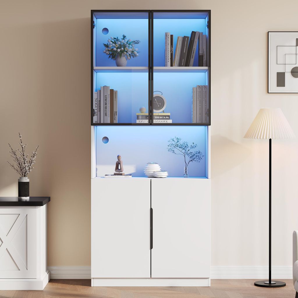 Fortuna Lai Moderne minimalistische Vitrine mit Glastüren, Vitrine mit LED-Leuchten, Bücherregal für Sammlerstücke, einstellbare Farbtemperatur...