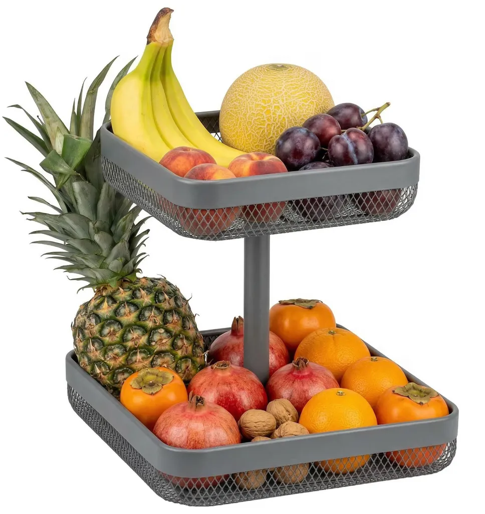 Étagère à fruits eluno corbeille à pain carrée métal gris 2 étages