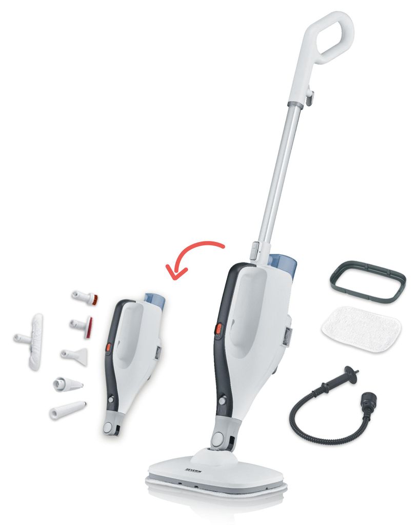 Severin 2-in-1 Dampfreiniger, Kombi-Zubehör, für Hartböden & Teppiche, entfernt 99,9% Bakterien, nur 15 Sekunden Aufheizzeit, 9m Kabel, weiß, S...