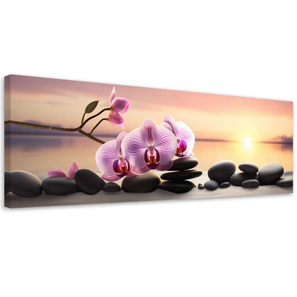 Leinwandbild Rosa Orchidee und Zen-Steine 90x30 Feeby Rosa bild für die wand bereit zum aufhängen