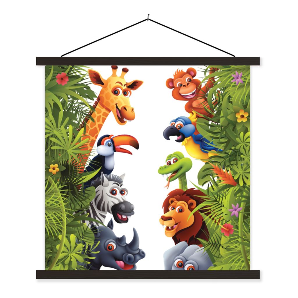 MuchoWow Textilposter Dschungel - Tiere - Jungen - Mädchen - Giraffe - Elefant - Kinder 60x60 cm mit schwarzem Rahmen - Posteraufhänger