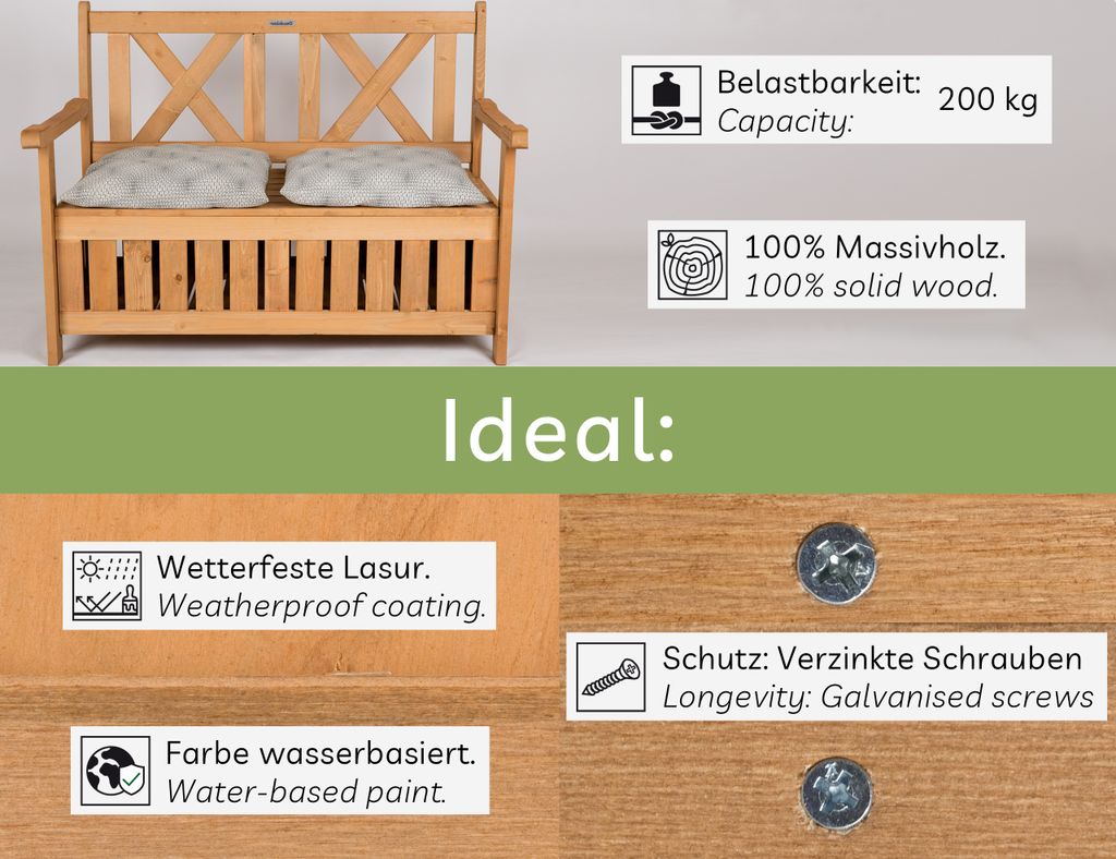 needs&wants® Gartenbank Holz wetterfest mit Stauraum und Produktbild 4
