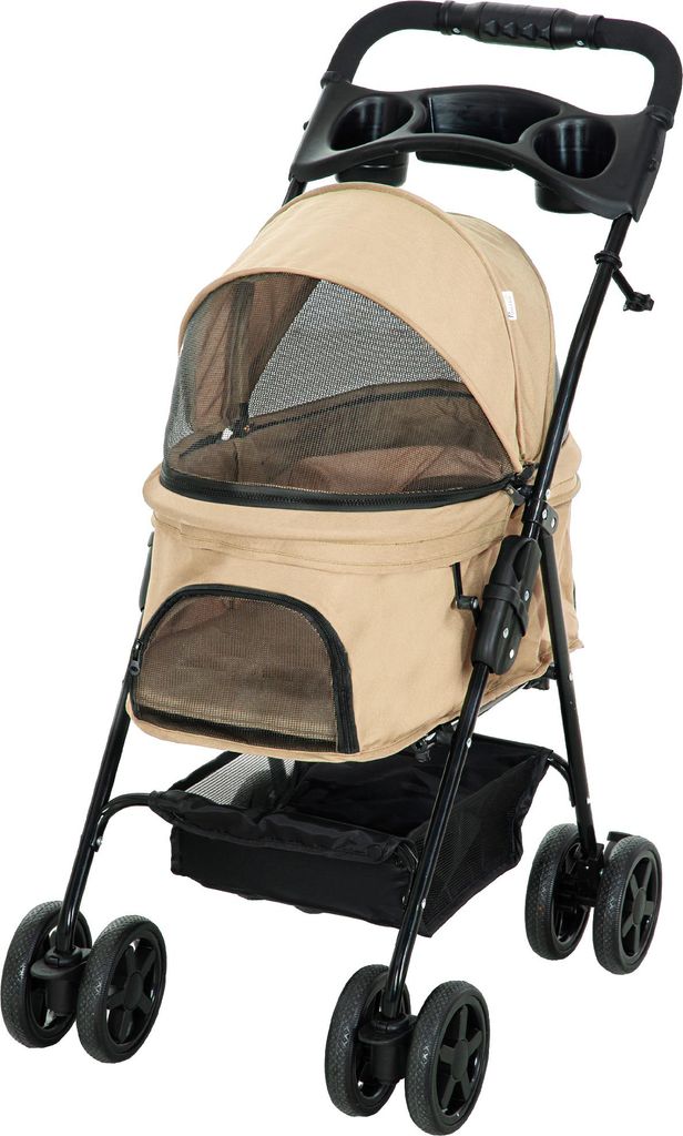 Klappbarer Hundewagen Buggy mit 2 Sicherheitsleinen & 2 Becherhaltern, 67x45x96 cm, Khaki