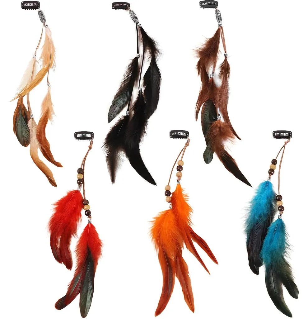 Barrettes plumes bohèmes pour femme : lot de 6 mèches à clipser fête