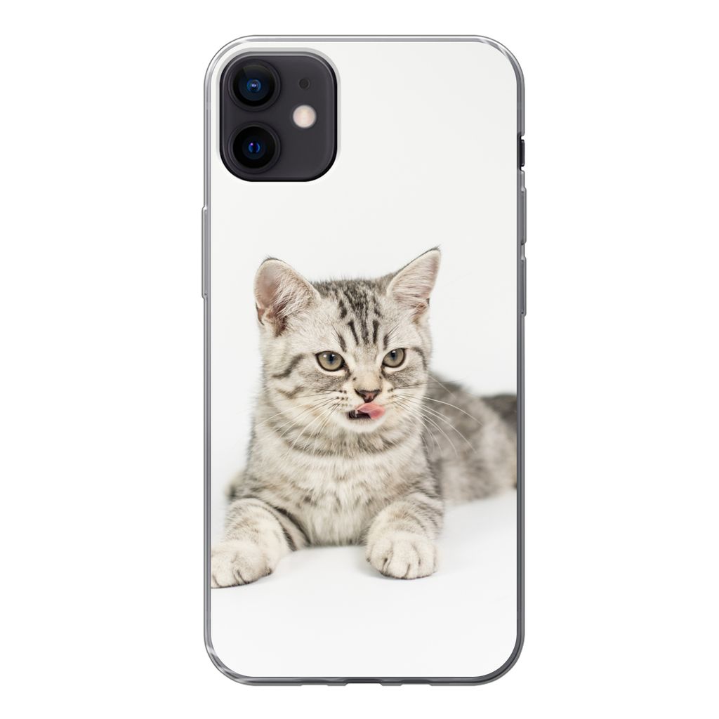 MuchoWow Handyhülle Schutzhülle Hülle für iPhone 12 mini Kitten - Weiß - Sohle - Mädchen - Kinder - Jungen - Kind Silikon Softcase Handy H...