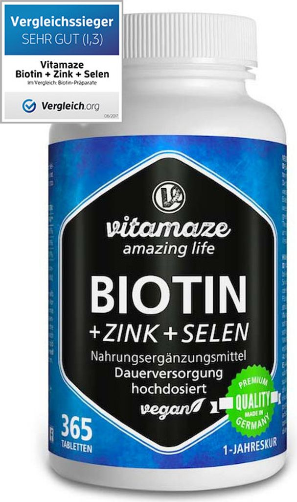 A bottle of Vitamaze Biotin + Zink + Selen tablets.