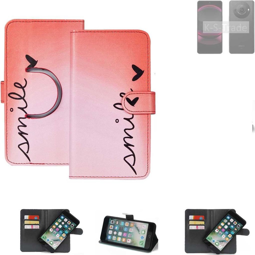 K-S-Trade Schutzhülle Handyhülle kompatibel mit Sharp Aquos R8 Pro Hülle cover bookstyle Etui “smile“ rot Standfunktion Kameraschutz (1Stk)