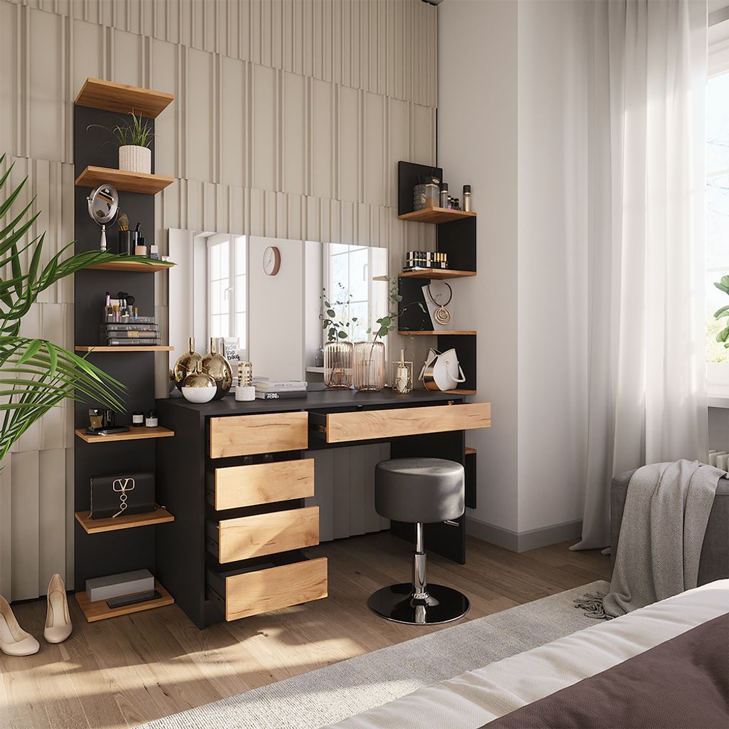 Schminktisch Vicco Sherry Anthrazit/Goldkraft Eiche 120 x 75 cm mit Spiegel und Hocker, Model 52028