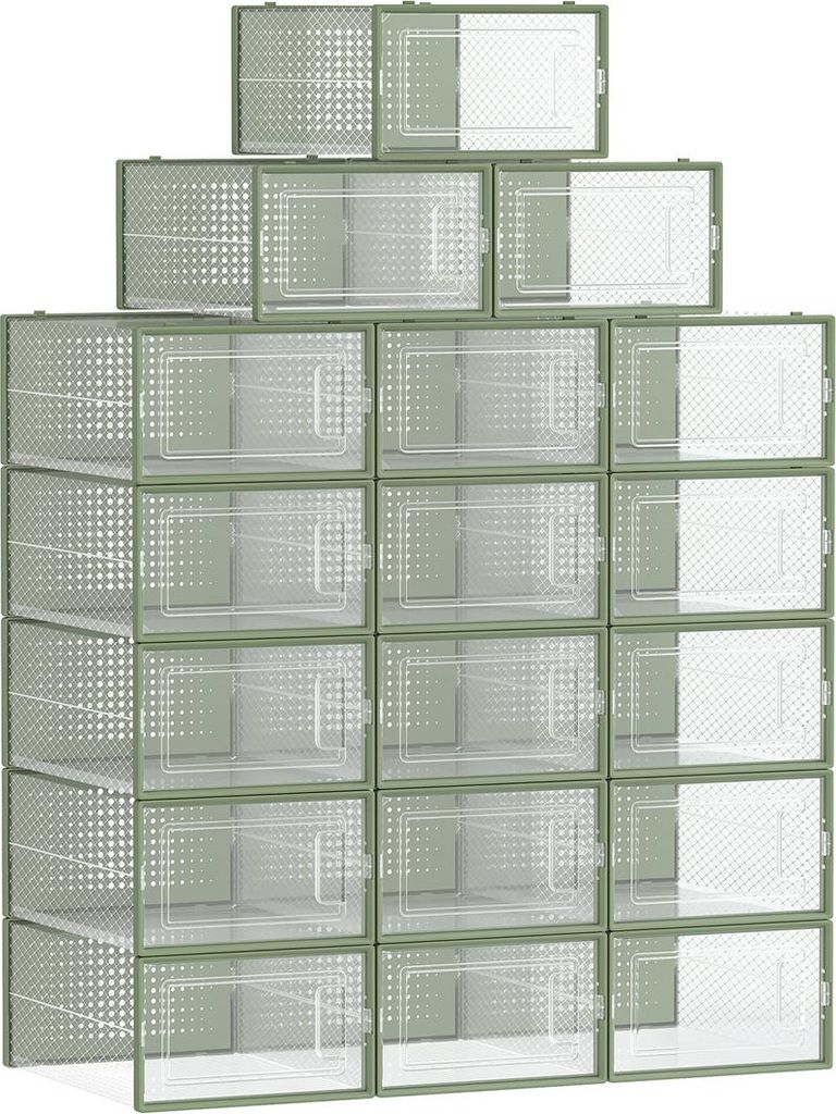Schuhkartons, Set mit 18 faltbaren und stapelbaren, transparenten, lorbeergrünen Kartons