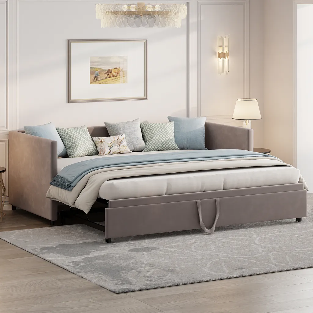 Canapé convertible velours gris, 90/180x200 cm idéal pour invités