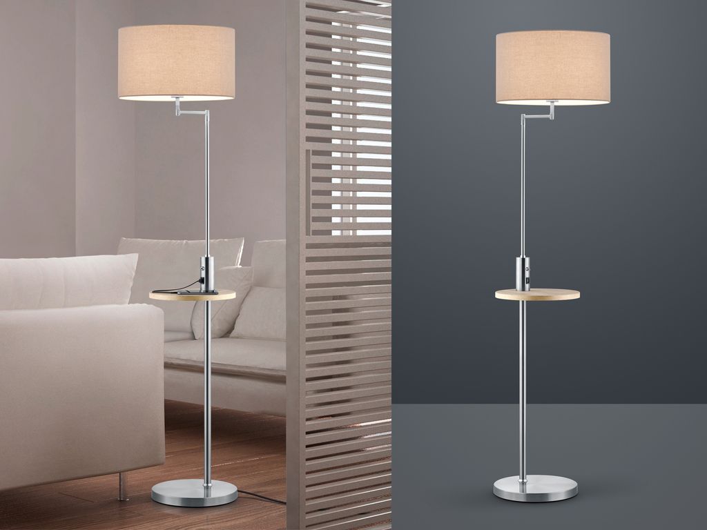 LED Stehlampe Silber mit Stoffschirm schwenkbar, Ablage-tisch & USB Anschluss