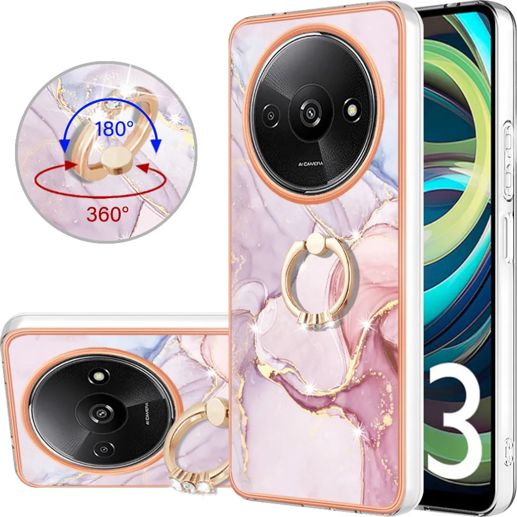 Custodia Antiurto Xiaomi Redmi A3 TPU - Marmo Grigio con Ring Stand