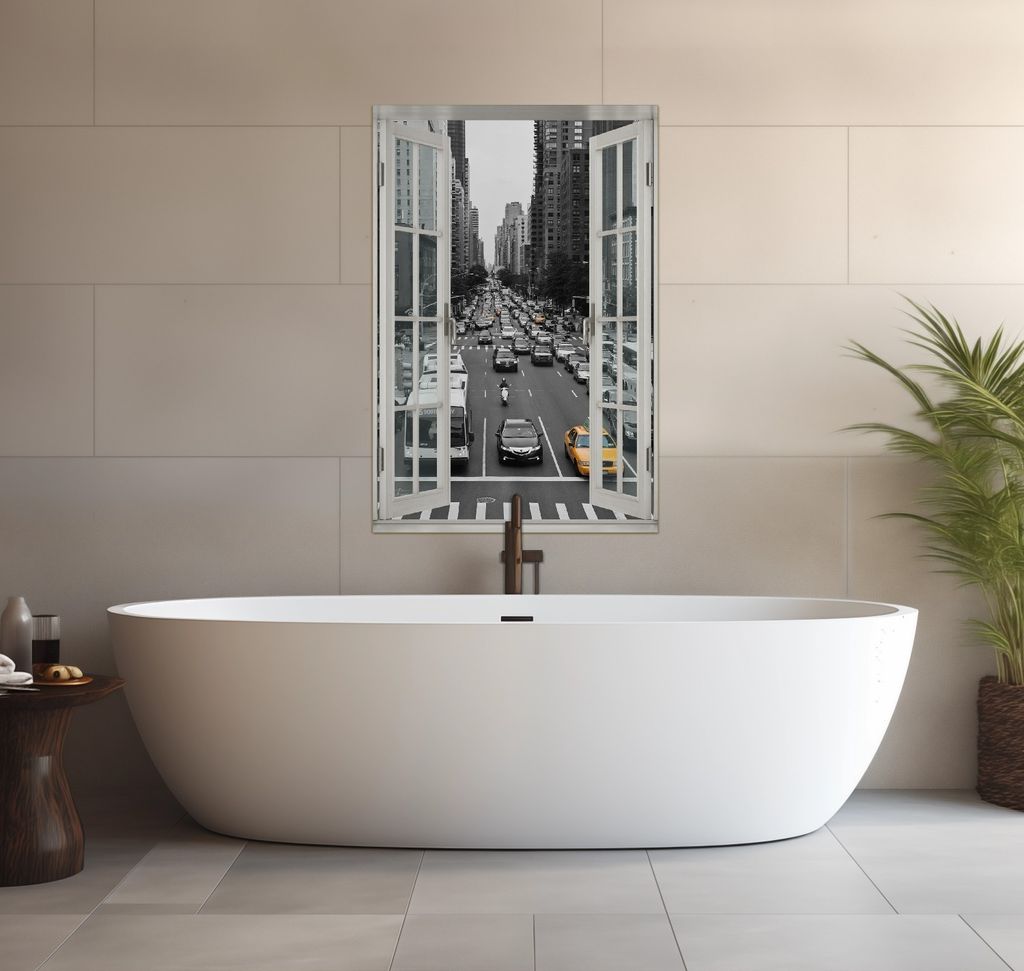 Wallario wasserfestes Poster selbstklebend 91,50 x 61 cm, New York Yellow Taxi I, Badezimmerposter Spritzschutz mit Hochglanzoberfläche in Glasoptik