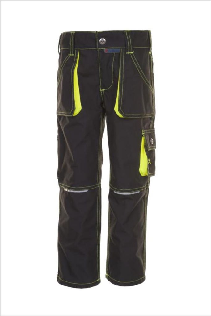 A pair of black and yellow children's work pants.
