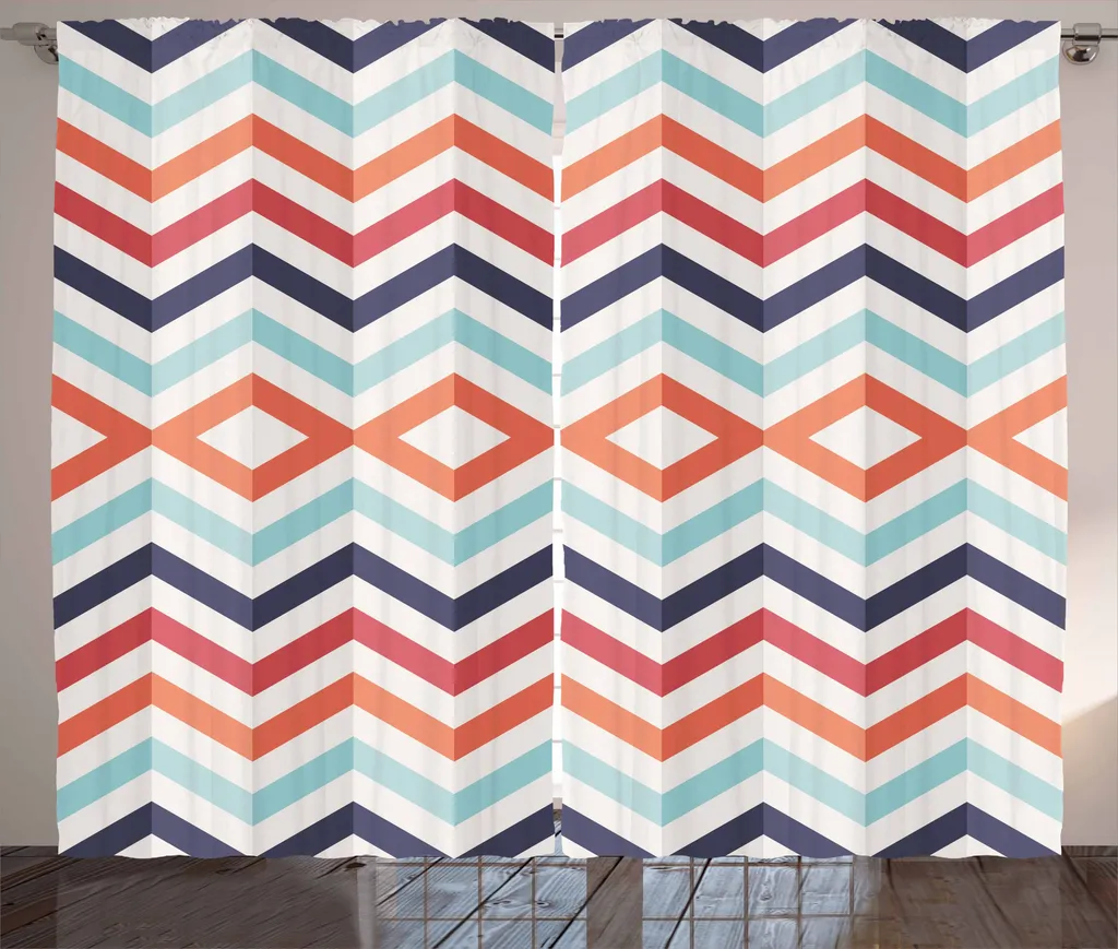 Rideau rustique en tissu résistant zigzag orange et bleu avec crochets