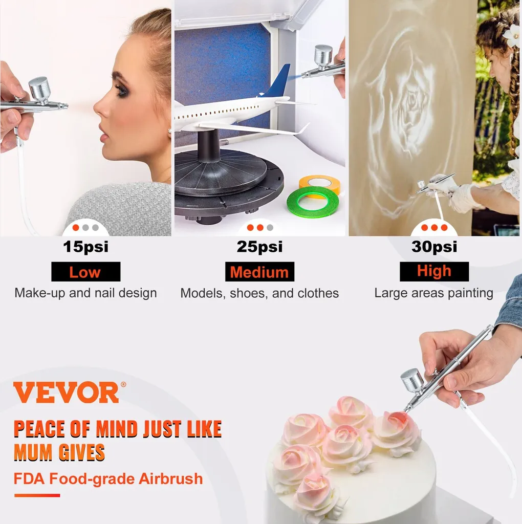 Set di aerografi a doppia azione con pistola per verniciatura, compressore d'aria da 30 psi ± 15 %, set di pistole per aerografo da 220 V per make-up, manicure, tatuaggi, design pittorico, arti e mestieri, decorazione alimentare - 2