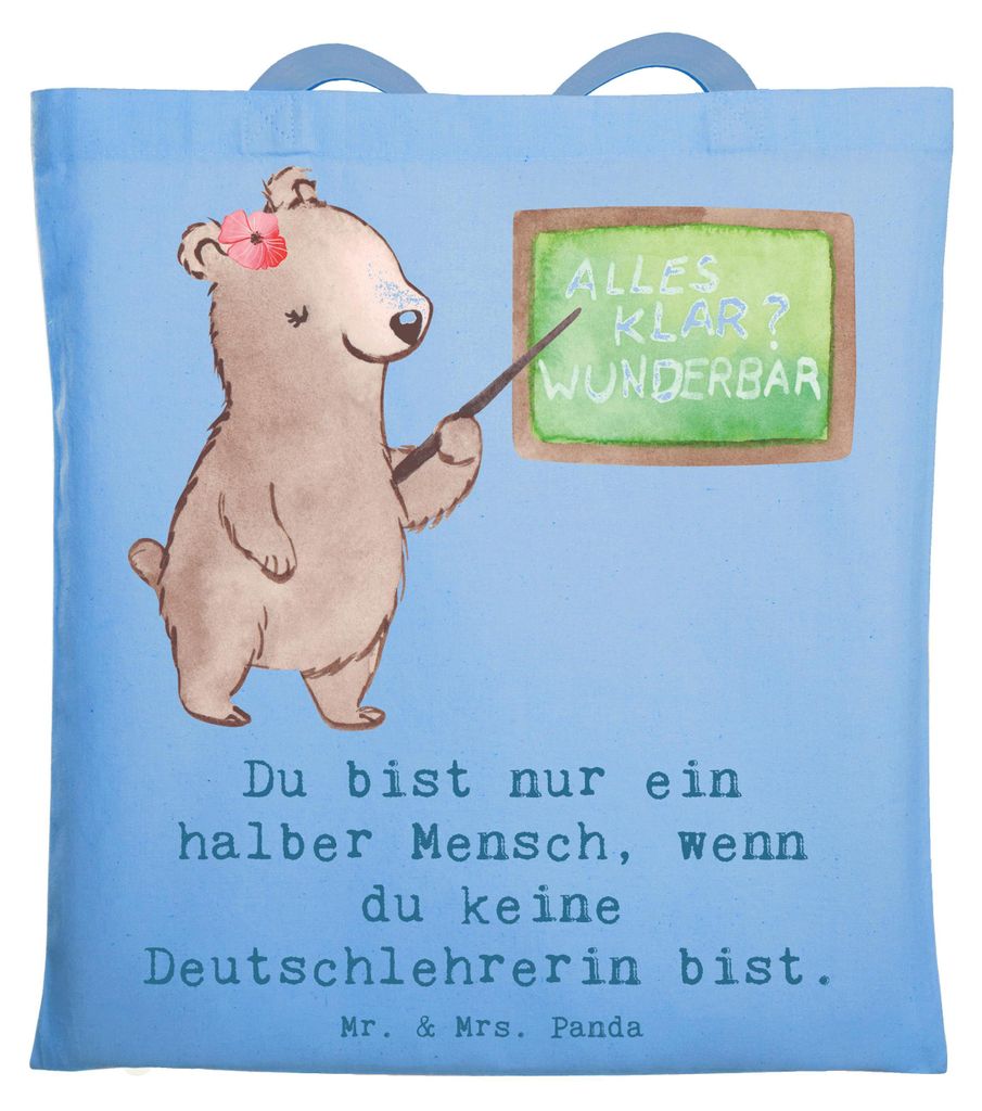 Mr. & Mrs. Panda Tote Bag Deutschlehrerin Herz - Sky Blue - Geschenk, Uni Tasche, canvas, Deutschunterricht, Grundschule, Einkaufstasche, Schultasc...
