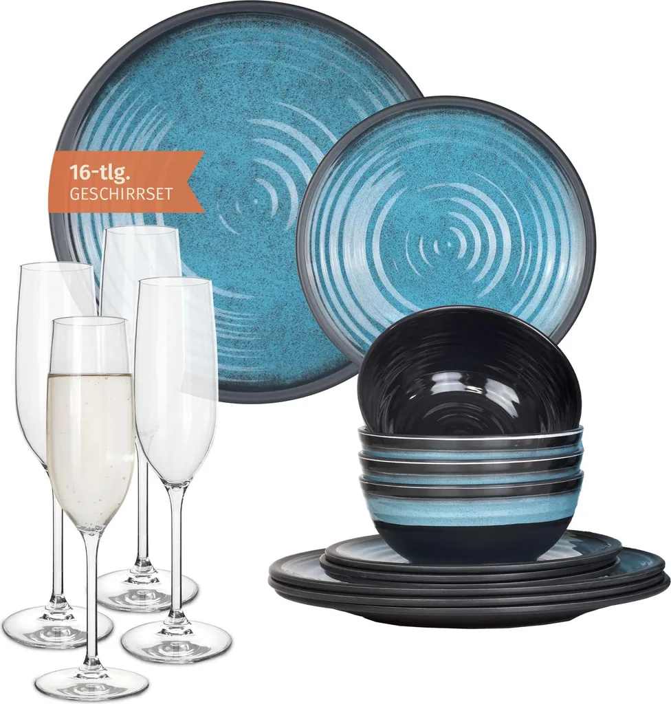 Servizio Piatti Campeggio 4 Persone Melamina Stone Blue + Calici