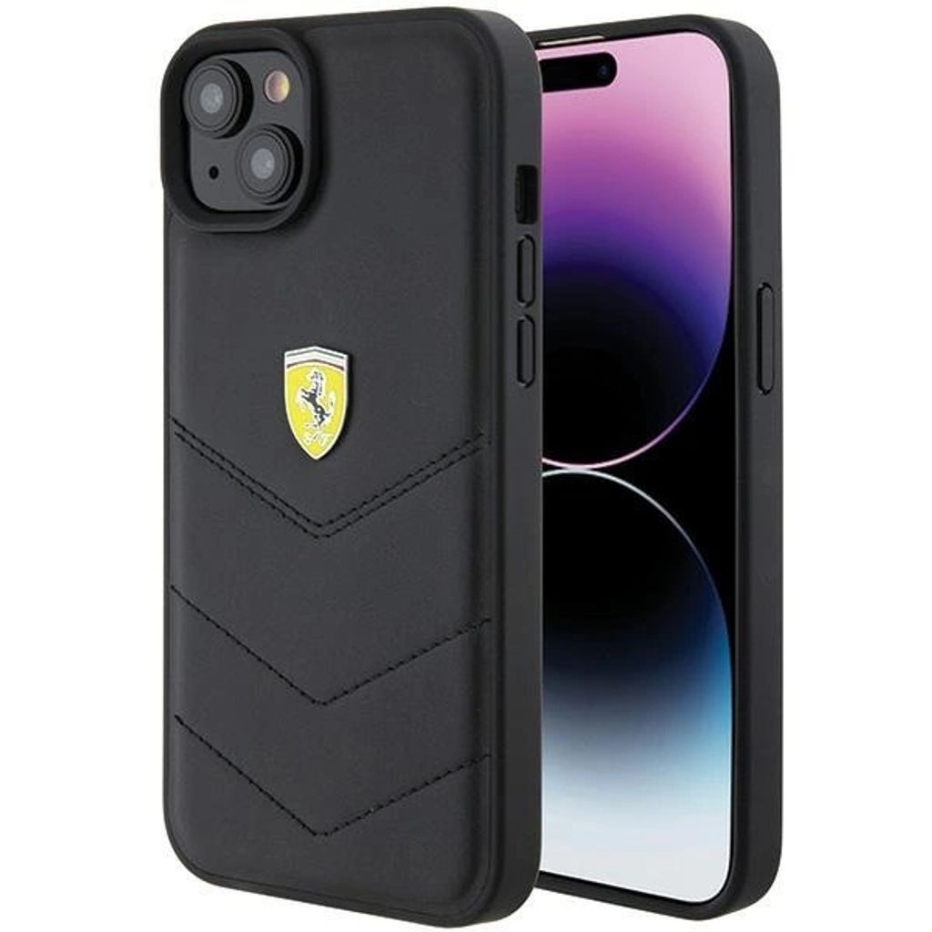 Ferrari FEHCP15MRDUK iPhone 15 Plus 6,7" schwarz/schwarzes Hardcase mit gestepptem Metalllogo Handyhülle