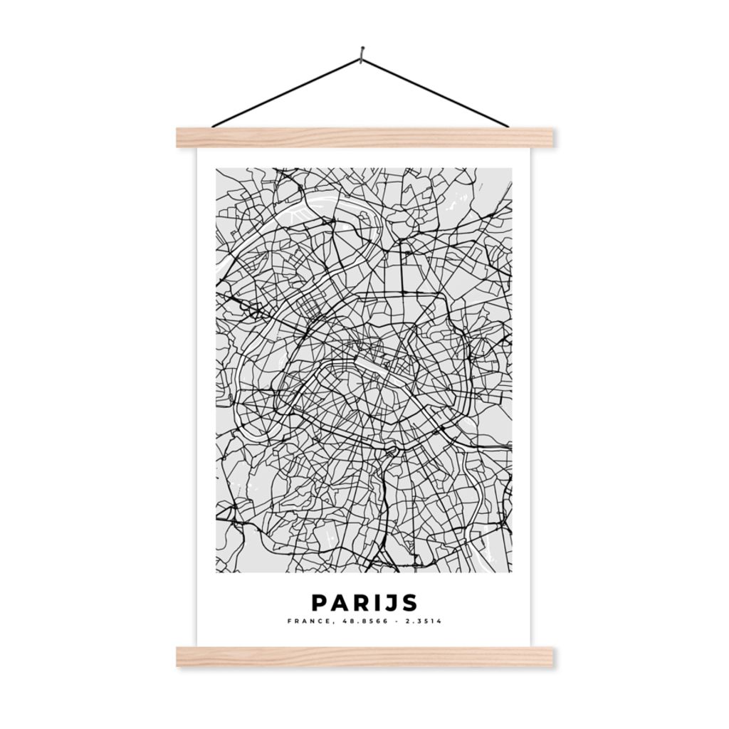 MuchoWow Textilposter Paris - Stadtplan - Schwarz und weiß - Karte 120x180 cm mit holzfarbenen Rahmen - Textil-Plakat