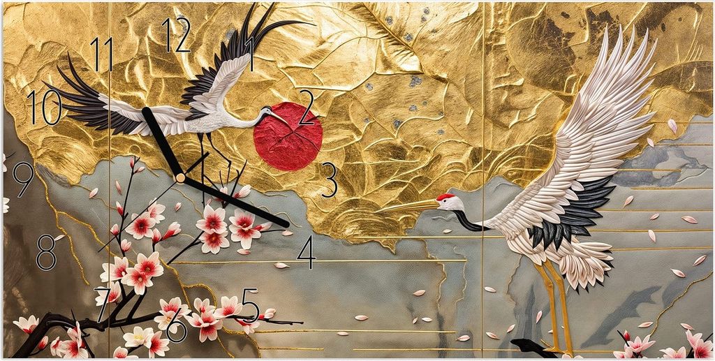 Wanduhr aus Glas mit Motiv Blüten und Kraniche- 60 x 30 cm - inkl. Aufhängesystem