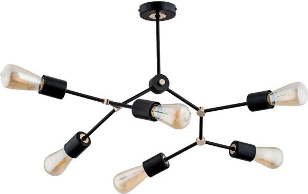 Grand Lustre Plafonnier Industriel en Métal Noir et Or 6 Lumières E27