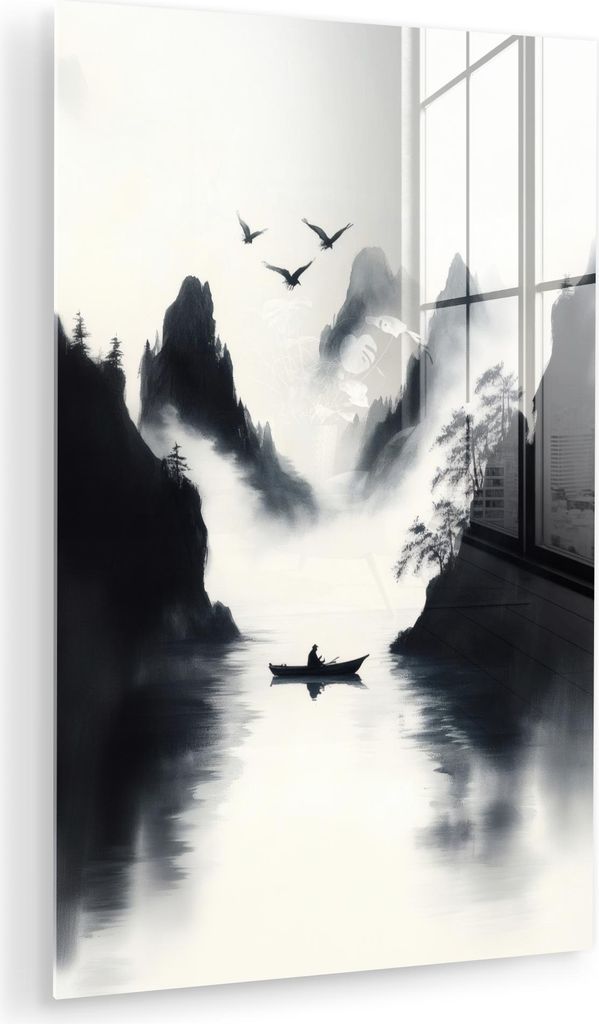 MuchoWow Glasbilder - Bilder auf Wandbild - Foto auf Glas Ruderboot - Neblig - Berge - Vögel 80x120 cm Wanddekoration aus Glas - Acrylglasbild - A...
