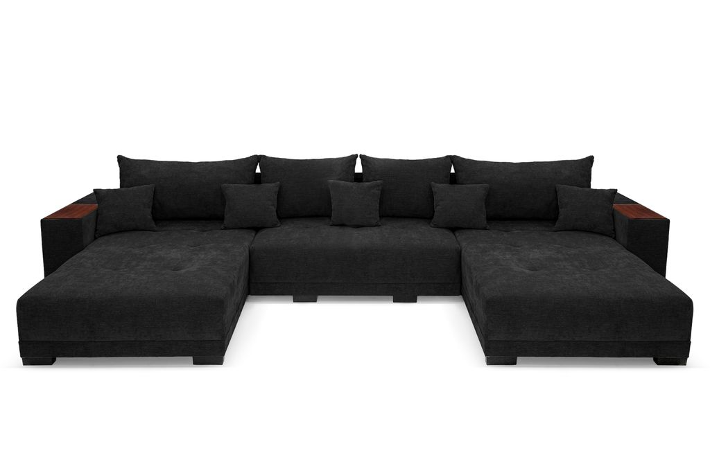 Allen U Ecksofa 360 x 185 cm, Sofa mit Schlaffunktion, Holzablage und Kissen, Ecksofa mit Bettkasten, U-Form für Wohnzimmer in Schwarz