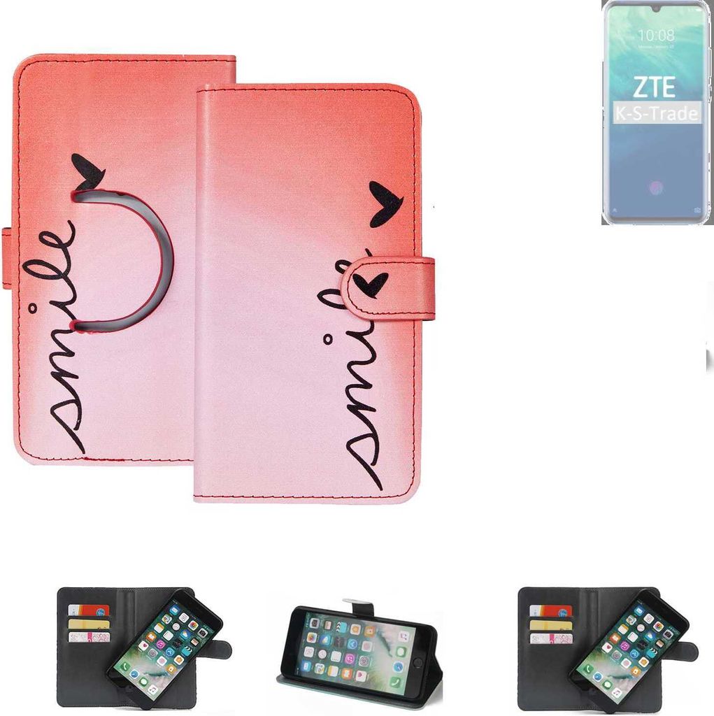 K-S-Trade Schutzhülle Handyhülle kompatibel mit ZTE Blade V10 Hülle cover bookstyle Etui ''smile'' rot Standfunktion Kameraschutz (1Stk)
