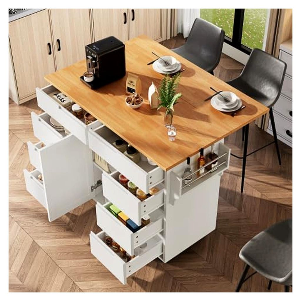 Kücheninsel, moderne Küchenschränke, ausziehbarer Küchenwagen mit Rollen und Arbeitsplatte, Servierwagen mit Gewürzregal, Tür und Schubladen ...