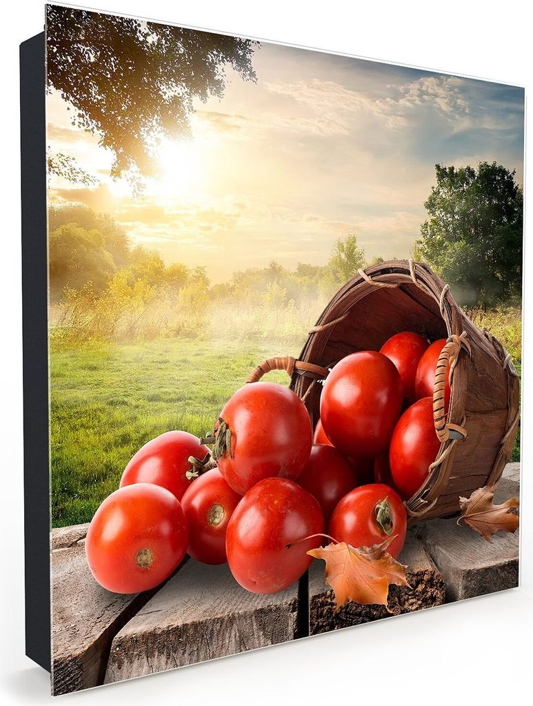 Nachbildung-Schlüsselkasten, Magnetpinnwand und Memoboard mit Glasfront Motiv Tomaten aus Korb fallend