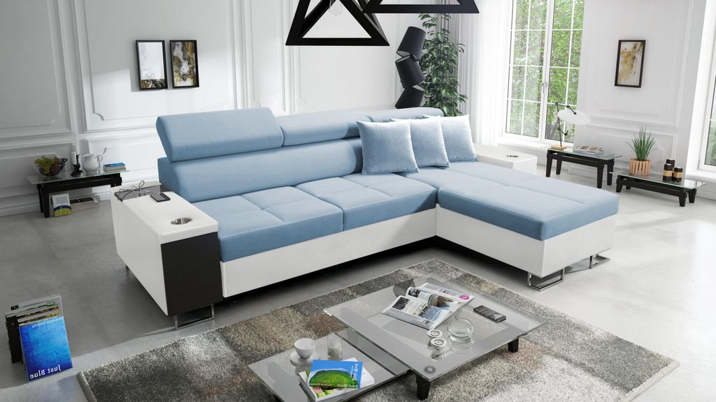 Kaiser Möbel Bequemes Ecksofa mit Schlaffunktion MORENA I MINI Kunstleder/Uttario Velvet Weiß/Blau Rechts