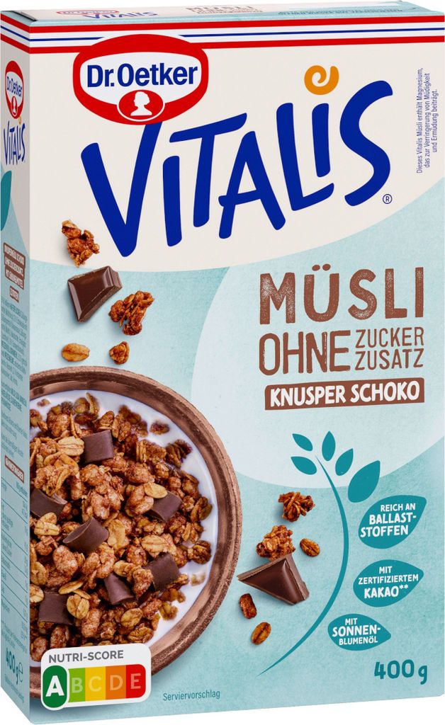 A box of Oetker Vitalis Muesli with chocolate.