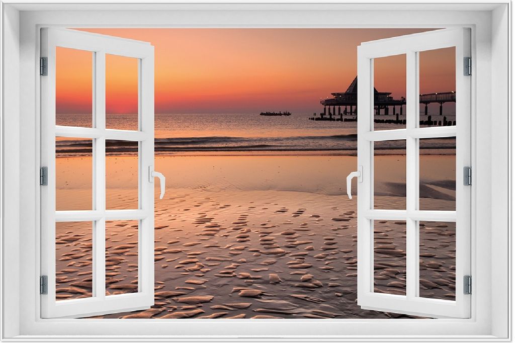 Wallario Wandbild mit Fenster-Illusion: Strand am Abend - Seebrücke am Ostseebad Heringsdorf, Größe: 61 x 91,5 cm, Poster mit weißem Aluminiumr...