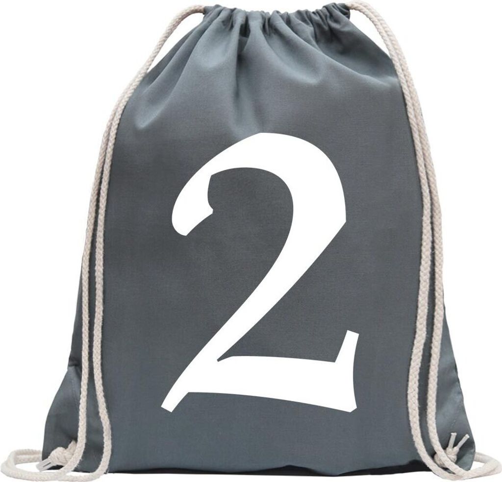 Kiwistar - Turnbeutel - stahlgrau - Zahl 2 - Zahlen Nummern - Fun Rucksack Sport Beutel Gymsack Baumwolle mit Ziehgurt