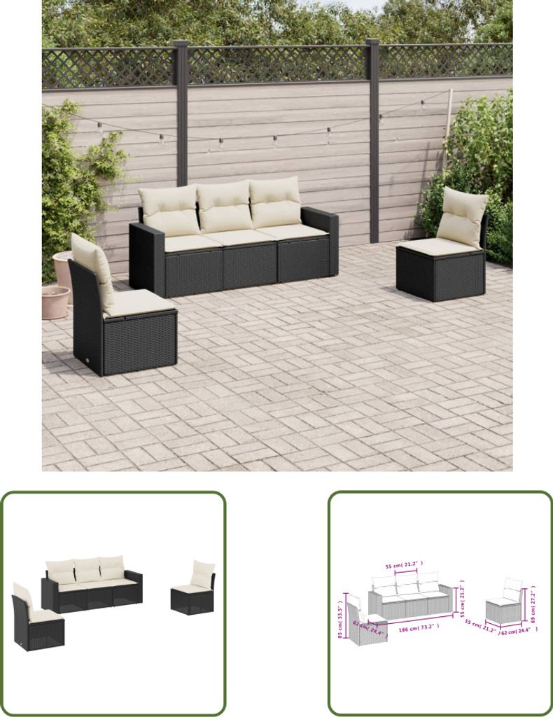 The Living Store 5-tlg. Garten-Sofagarnitur mit Kissen Schwarz Poly Rattan