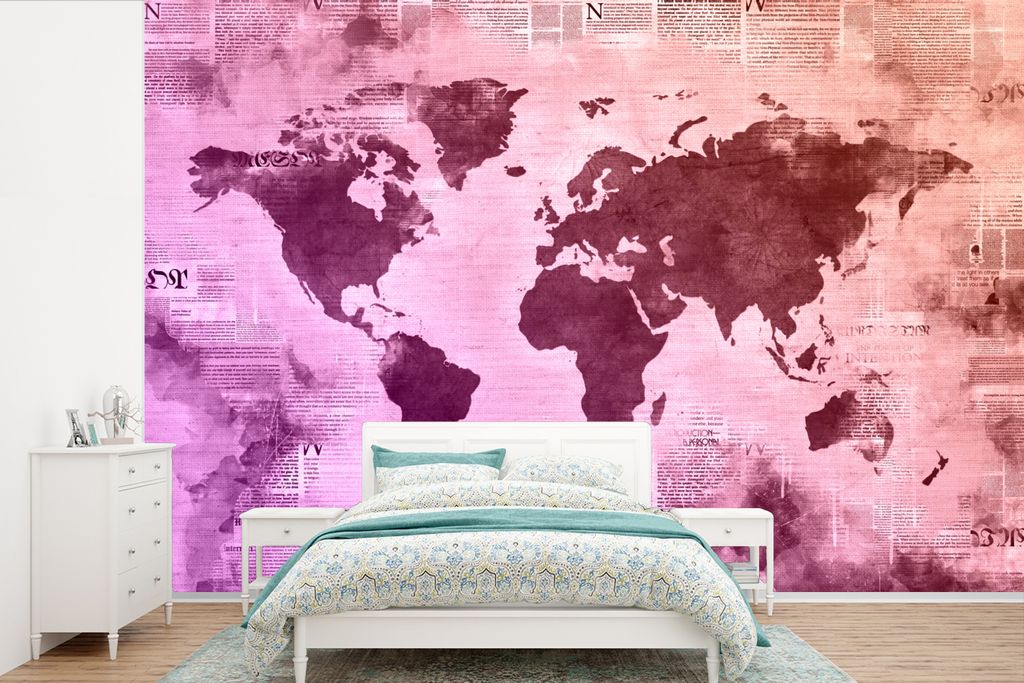MuchoWow Fototapete für Wohnzimmer oder Schlafzimmer Wandtapete Vinyl Motivtapete Weltkarte - Lila - Zeitung - 330x220 cm - Fototapeten