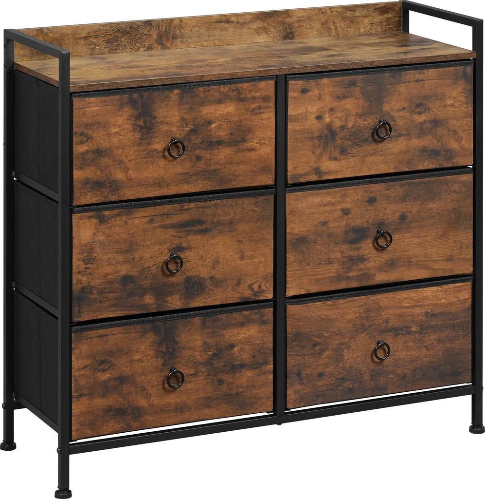 Kommode - Sideboard mit 6 Stoffschubladen - Maße 80x29x78 cm - Metallrahmen - E1 Holzwerkstoff - Vintage Braun