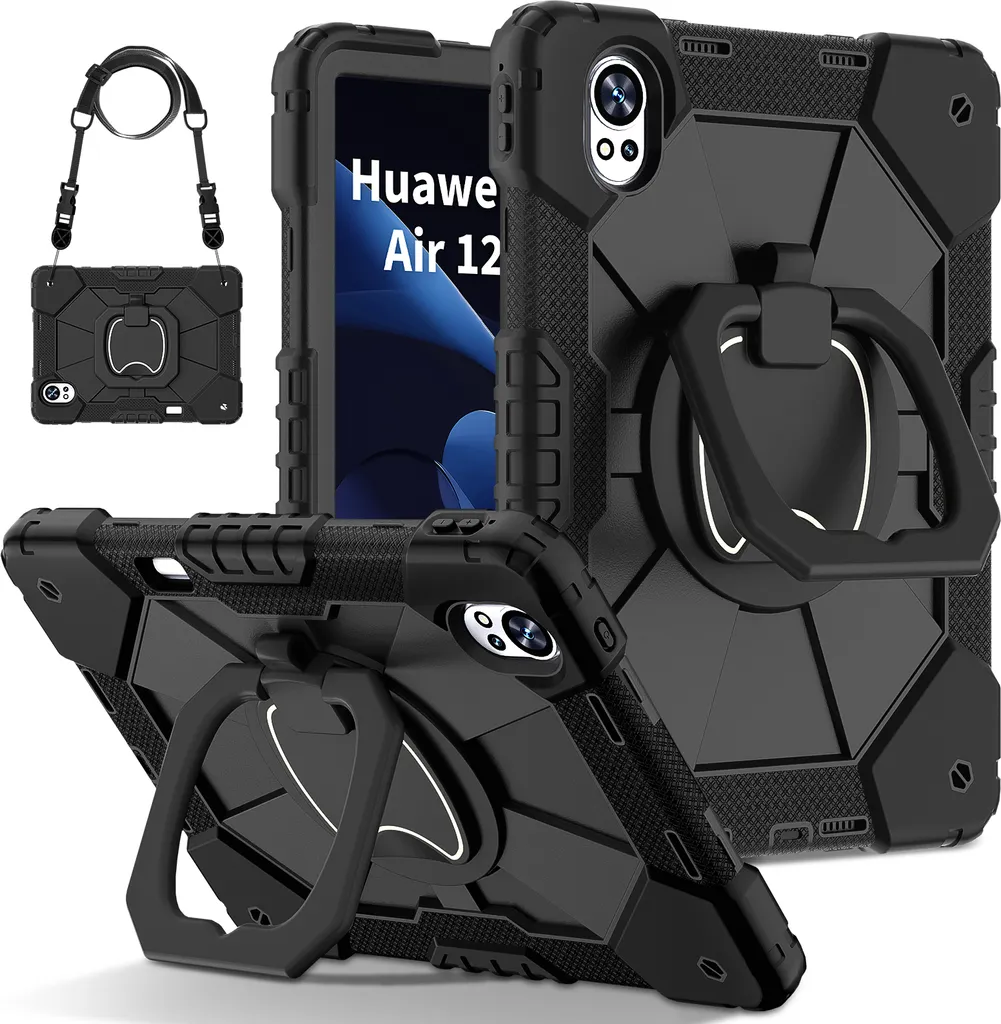Custodia per Huawei MatePad Air (2024) 12.0 Zoll resistente custodia protettiva portatile con supporto, cinghia a mano e tracolla nera