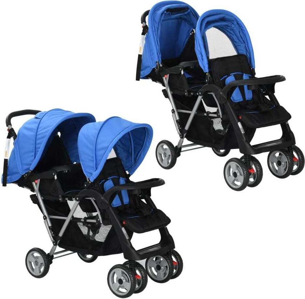 Tandem-Kinderwagen Stahl Blau und Schwarz Produktbild 