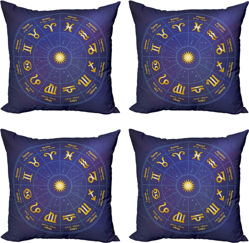 ABAKUHAUS Astrologie Kissenbezug Set (4 Stück), Termine Horoskop Geburt, Moderner Doppelseitiger Digitaldruck, 50 cm x 50 cm, Königsblau und Gelb