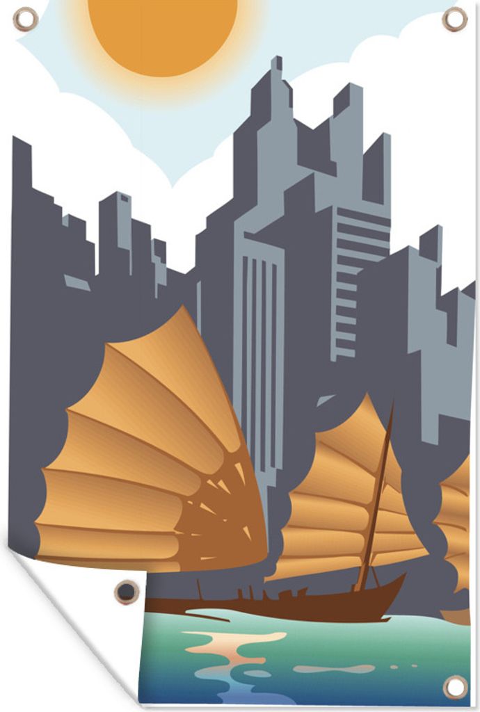 MuchoWow 40x60 cm Outdoor-Poster Gartendeko Sichtschutz Garten Poster für den Garten Bunte Illustration von Hongkong mit Booten und der Sonne