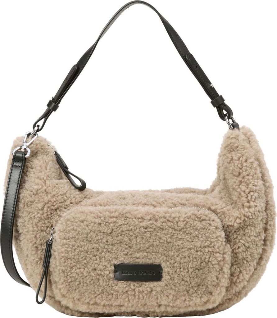 A fluffy taupe crossbody bag with black leather accents and strap, shown against a white background.