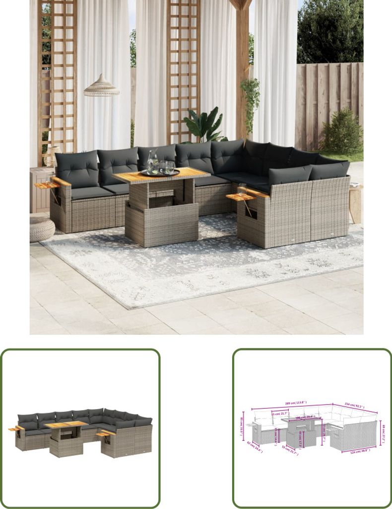 The Living Store 10-tlg. Garten-Sofagarnitur mit Kissen Grau Poly Rattan