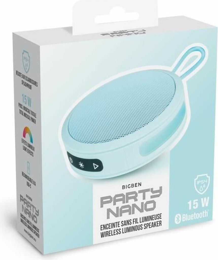 BIGBEN Party – Runder Bluetooth-Lautsprecher mit Riemen und Lichteffekten – 15 W – Pastellblau