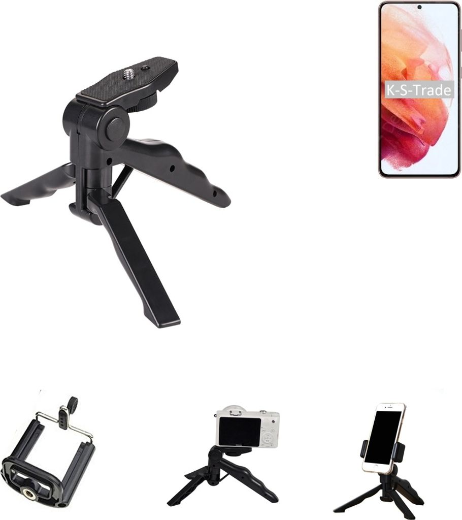 K-S-Trade Stativ Tisch-Ständer Dreibein Handy-Stativ Ständer kompatibel mit Samsung Galaxy S21 5G SD888 Mini-Stativ Smartphone Tripod Handy-Stativ