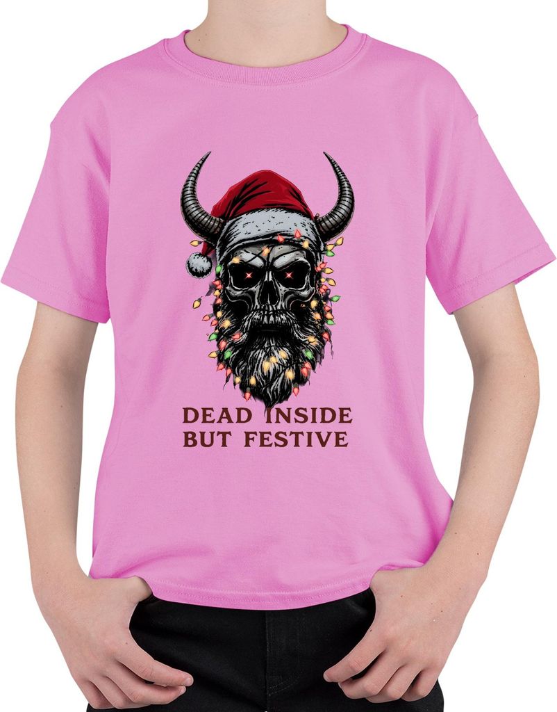 Dead Inside But Festive Totenkopf Hörner Lichter Bart Gothic Uni Kinder T-Shirt, Pink, 104
