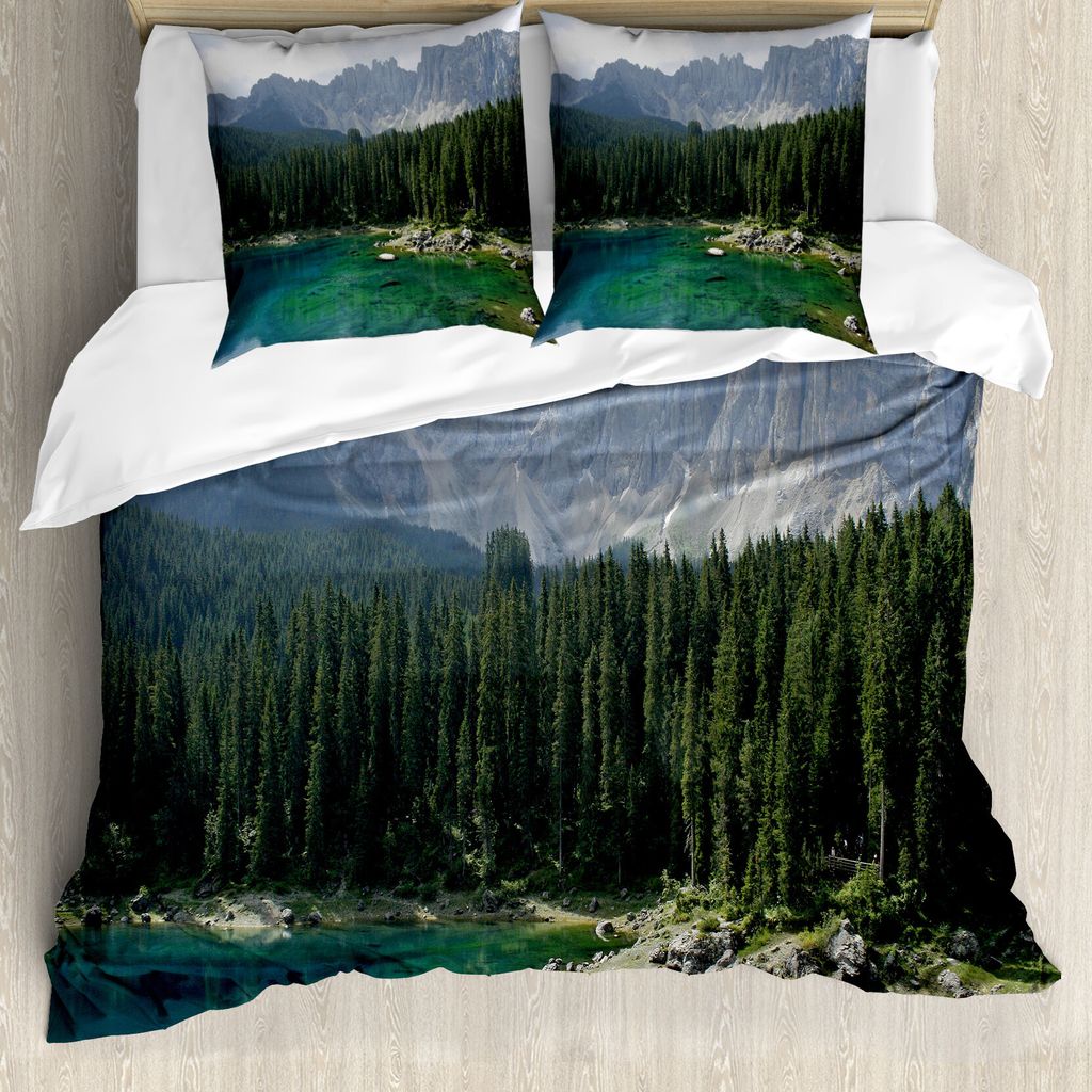 ABAKUHAUS Natur Bettbezug, Luftaufnahme Pines See, Milbensicher Allergiker geeignet mit Kissenbezügen, 200 cm x 200 cm - 80 x 80 cm, Dark Green Ja...